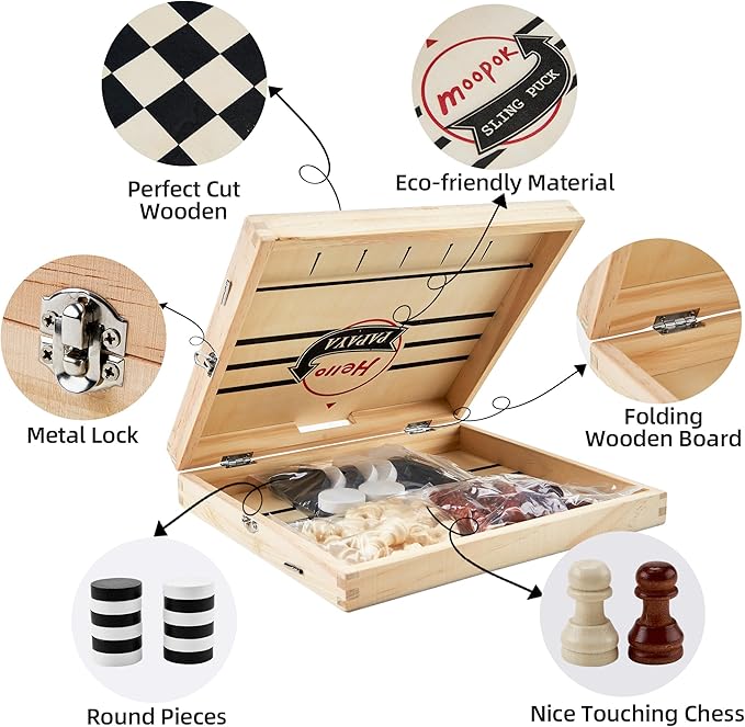 moopok Fast Sling Puck Game - 2 in1 Chess Board and Desktop Battle Super Winner Game,Fast Action Wooden Air Hockey Board Game,Adults and Kids Family Friend Funny Slingshot Game Toys
