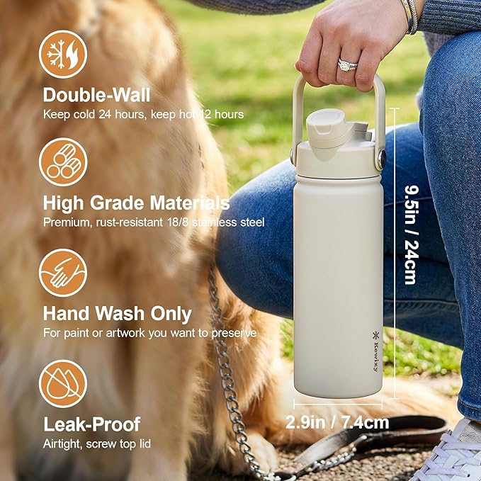 KEWIXY 18 oz Insulated Water Bottle with Straw, 2-in-1 Lid, Straw & Spout, Leak Proof, Cup Holder Fit, Stainless Steel with Handle, Reusable, Metal, for Travel, Gym and School (Icy Mint)