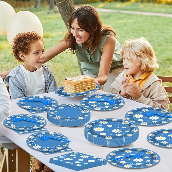 Justforjoyful 96Pcs Daisy Birthday Party Supplies Groovy Flower Paper Plates and Napkins Spring Floral Disposable Dinner Dessert Tableware Set for Blue Baby Shower Birthday Party Decorations Serve 24