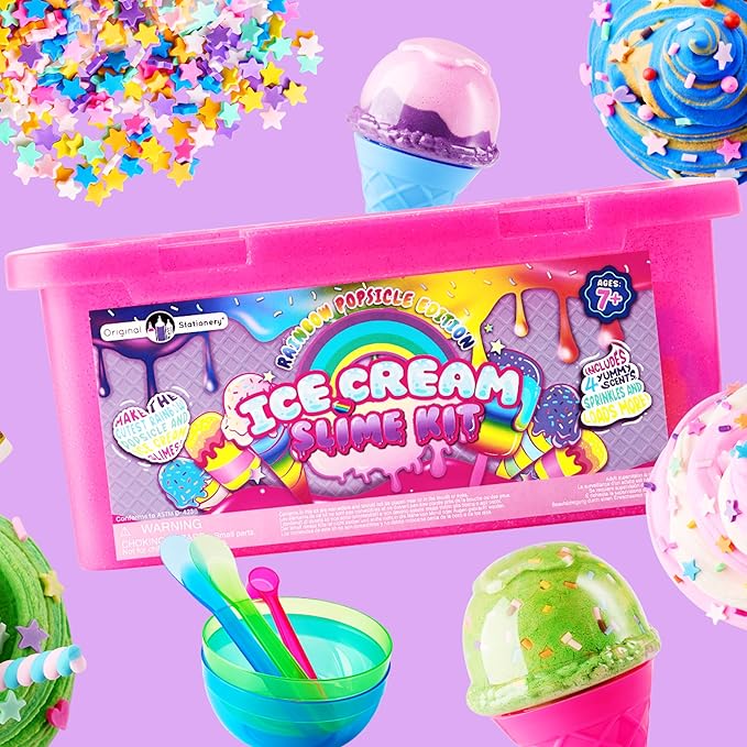 Original Stationery Ice Cream Slime Kit Rainbow Popsicle Edition – All-in-One DIY Slime Making Kit with Glue, Activator, Sprinkles, Bowls & Mixers, for Kids & Girls Creative Play