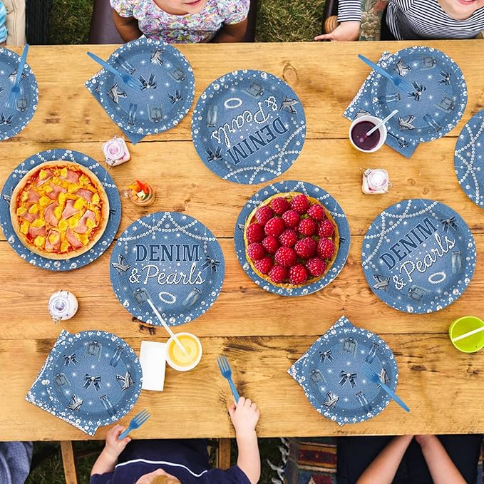 96Pcs Denim and Pearls Party Supplies Denim and Pearls Plates and Napkins Jeans Pearl Tableware Set for Woman Girl Birthday Bridal Shower Wedding Engagement Celebration Party Serves 24