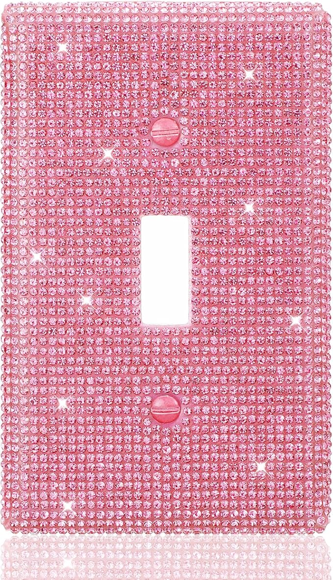 Pink Light Switch Cover, Pink Glitter Switch Cover Plate Decorative Cute Outlet Covers with Rhinestones, Funky Bling Princess Style Outlet & Room Wall Decor (Fits Single Switch)