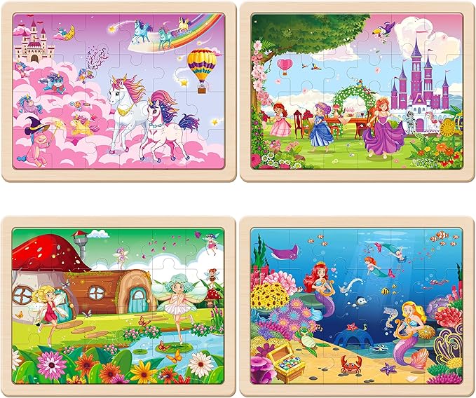 SYNARRY Large Unicorn Mermaid Princess Fairy Wooden Kids Puzzles 4 in 1 Gift Box(12.2 * 9.4 in), Wood Puzzles for Kids Ages 4-6, Wood Puzzles for Kids Ages 3-5, Easter Basket Stuffers Gifts for Kids