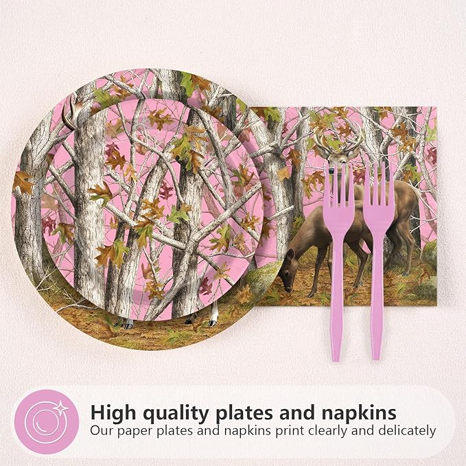96Pcs Pink Hunting Deer Camo Decorations Woodland Deer Plates and Napkins Tableware Sets Hunting Themed Decorations for Hunter Outdoor Camping Picnic Camouflage Party Supplies Serves 24