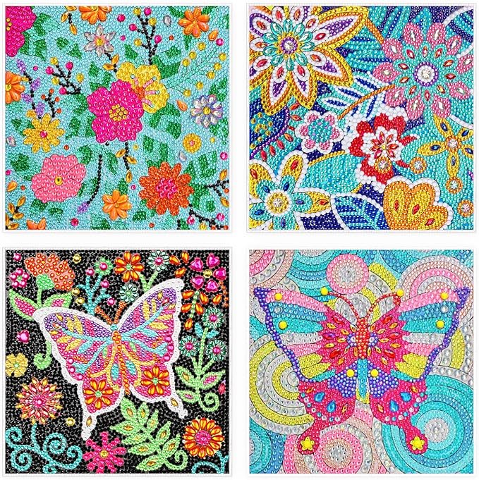 ZUYUSUT 4 Pack Cute Butterfly Flower Diamond Art Painting Kits for Kids Girls Ages 3-12 Art Crafts 5D Mosaic Gems Paint Sets by Number Kits for Kids Girls for Home Office Wall Decor
