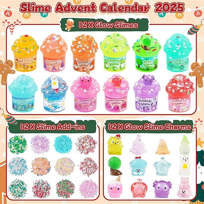 Slime Advent Calendar 2025, Christmas Countdown Calendar, 24 Days of Surprises with Glow-in-The-Dark Slime Kit, Halloween Toy for Kids Toddlers Teens Girls Boys
