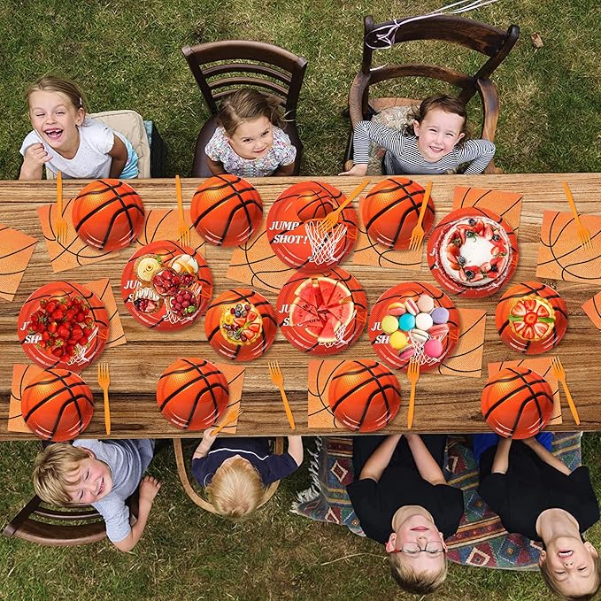 100PCS Basketball Paper Plates and Napkins Basketball Birthday Party Supplies Disposable Party Plates Napkins Forks Tableware Set for Boys Kids Birthday Party Decorations Serves 25