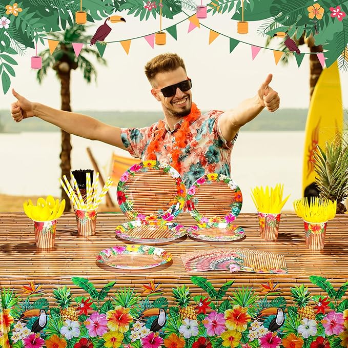 Frienda 130 Pcs Tiki Party Supplies Sets Hawaiian Party Decor Luau Plates and Napkins Party Supplies Tiki Tablecloth Aloha Tropical Plastic Cup Straw Knife Fork for Hawaii Summer Party, Serves 16