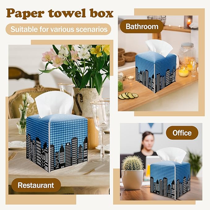 Blue Super Hero City Leather Tissue Box Cover – Tissue Box Holder Square Facial Paper Organizer, Kids Birthday Party Decor & Gift for Bathroom, Super Hero Birthday Party Decorations