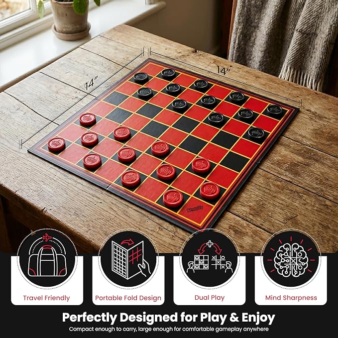 Kangaroo - Multiplayers Strategy Checker Board Game for Kids & Adults - Portable Educational Travel Cardboard Checkers - Includes Large Board w/ 24 Checkers (12 Red and 12- Black) 15x15 Inches