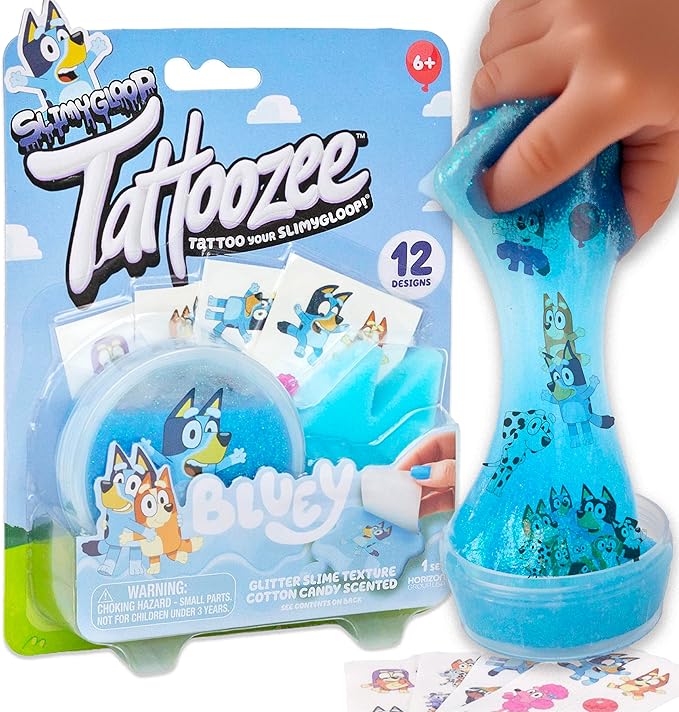 SLIMYGLOOP Tattoozee, Bluey Tattoo Transfer Slime Kit, Sensory Play for Kids Ages 6+, Cotton Candy Scented, Glitter Texture