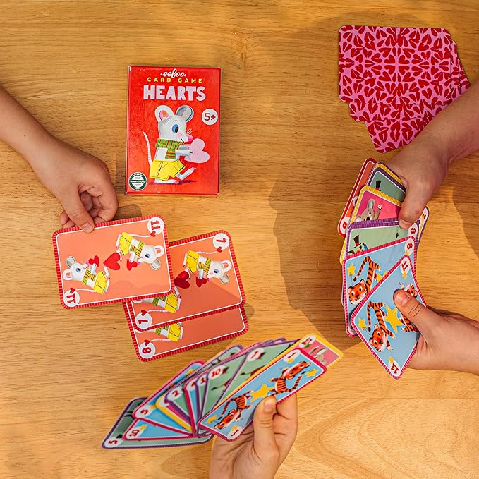 eeBoo Hearts Playing Card Game - 50 Animal Themed Cards, Classic Trick-Taking Card Game, Durable Oversized Cards, Screen-Free Fun, Ages 5+