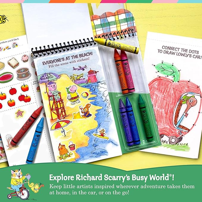Bright Stripes Richard Scary Busy World Art on the Go Travel Coloring Kit for Kids Ages 3+ | Coloring & Sticker Activity Set with Crayons | Screen-Free Creative Fun for Toddlers & Young Children