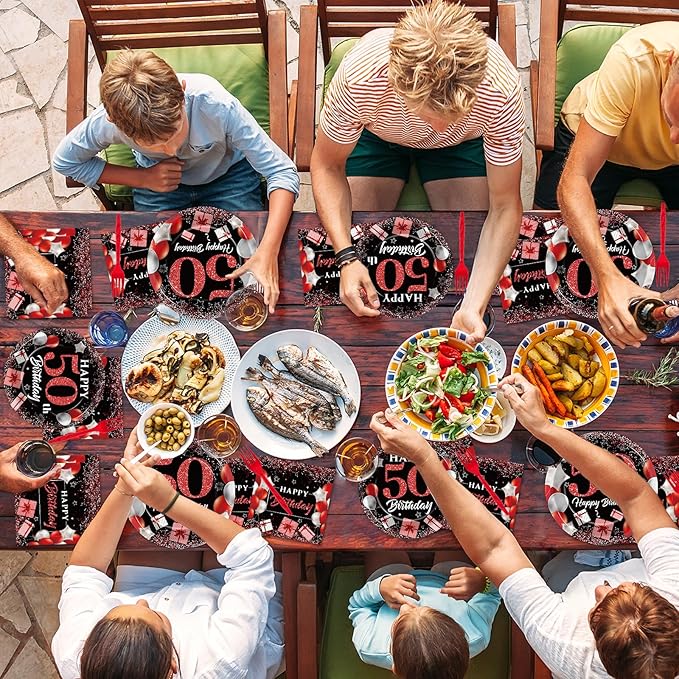 gisgfim 96 Pcs 50th Birthday Plates and Napkins Party Supplies 50 Years Old Birthday Party Tableware Set Red Black Dinner Dessert Plates 50th Birthday Decorations Favors for Man Women for 24 Guests