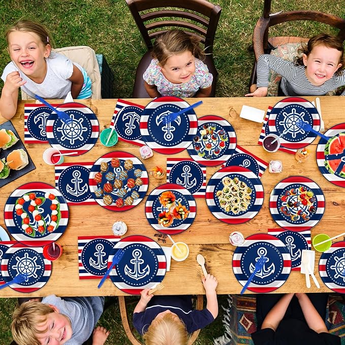 96 Pcs Nautical Anchor Party Plates Napkins Tableware Set Anchor Theme Supplies Disposable Dinnerware Sailor Boat Ship Decoration Favors for Navy Baby Shower Birthday, 24 Guests
