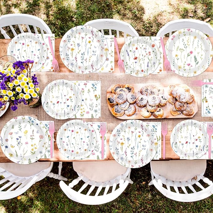 96Pcs Wildflower Party Supplies Floral Themed Paper Plates Napkins Wildflower Butterfly Tableware Disposable Dinnerware Decoration Set for Girls Birthday Wedding Bridal Baby Shower Party Table Decor