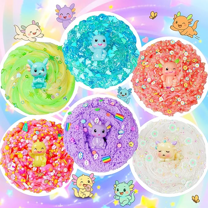 Axolotl Slime Kit 6×100ml (20oz Total) - Slime Variety Pack with Different Textures & Axolotl Charms, Glow in The Dark Slimes, Crunchy Slime, ASMR, Birthday Party Favor, Axolotl Fidget Toys