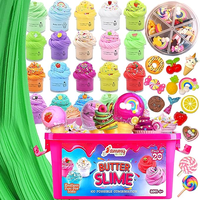 Jumbo Butter Slime Kit for Girls Ages 8-12 -49 Pcs-20 Colorful Slimes Including 15 Butter Slime & 5 Crystal Slimes, Charms Kit & More Accessories - Non Toxic, Non Sticky Slime for Kids - Sensory Toys