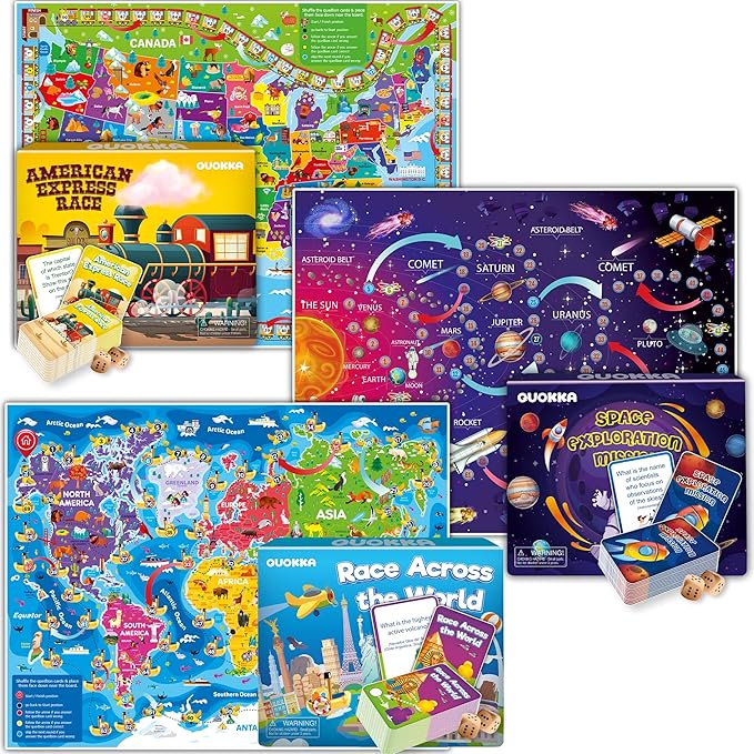 QUOKKA 3X Set Learning Board Games for Kids 8-12 - Educational Trivia Cards Ages 6-8 - Travel United States - World Map - Explore Outer Space - Gift for Children and Teens 4-8 - Jigsaw Puzzles