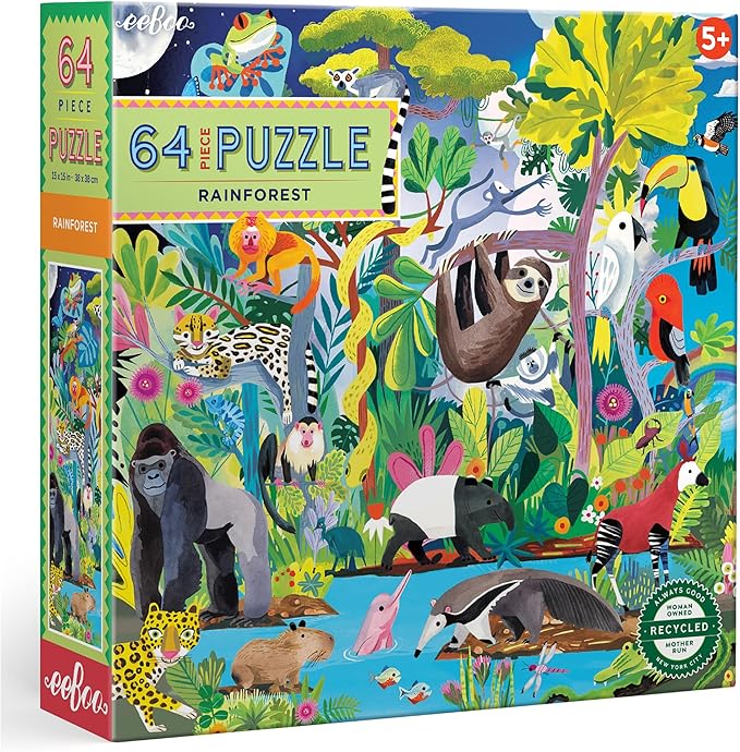eeBoo: Rainforest - 64 Piece Puzzle - 15" x 15" Jigsaw, Vibrant Animal & Nature Scene, Informational Poster, Big Sturdy Dustless Pieces, Kids Ages 5+