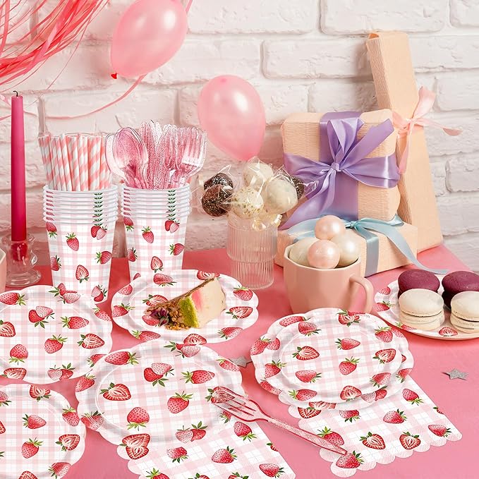 192pcs Strawberry Birthday Party Decorations Plates Napkins Disposable Paper Cups Straws Strawberry Tableware Set Party Supplies for Girls Kids Birthday Decor Serve 24 Guests