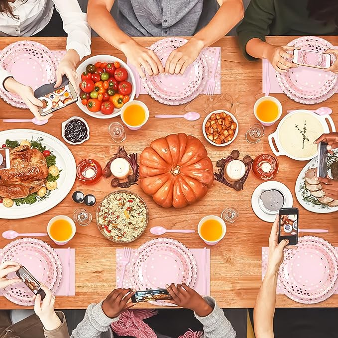 Pink and Rose Gold Dots Plates Set for 24 Guests, 168PCS Disposable Dinnerware,Party Supplies Paper Plates Napkins Cups Pink Cutlery for Birthday Baby Shower Wedding Bridal Anniversary Party