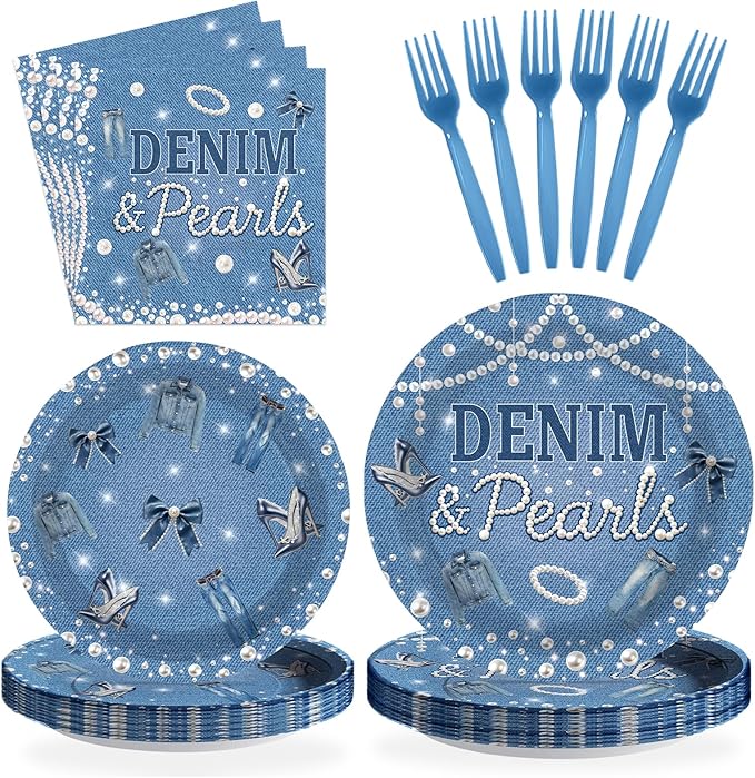 96Pcs Denim and Pearls Party Supplies Denim and Pearls Plates and Napkins Jeans Pearl Tableware Set for Woman Girl Birthday Bridal Shower Wedding Engagement Celebration Party Serves 24