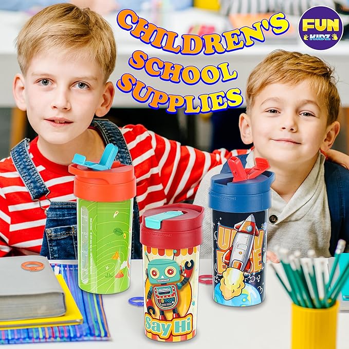 3 Packs Boy Designs 17oz Kids Water Bottle, Total My Style Spout Covered and Carry Handle Designed Lid Leak Proof BPA Free for Boys Ages 3+ Dishwasher Safe for Sports School Travel with Silicone Straw