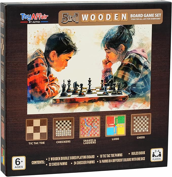 Ankit Toys & Games 5-in-1 Wooden Board Game Set Includes Ludo, Snakes & Ladders, Chess, Checkers, and Tic Tac Toe. Portable Fun for Kids, Adults and Family Game Nights | 2 Reversible Boards
