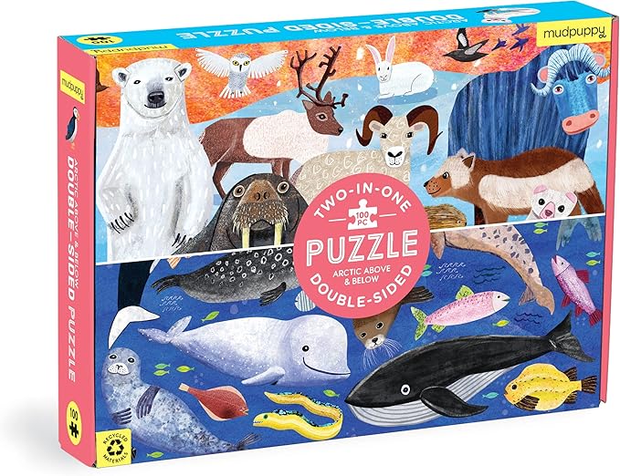 Mudpuppy Arctic Above & Below 100 Piece Double-Sided Puzzle, 100 Pieces, 22” x 16.5” – Perfect Family Puzzle for Ages 6+ – Colorful Illustrations of Land Animals and Ocean Life
