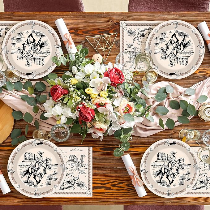 CHUNNIN 50Pcs 7in Western Party Paper Plates and Napkins Cowboy Dessert Cake Plates Rodeo Bachelor Theme Decorations Wild West Tableware Set Serves 25 Guest Cowboy Birthday Party Supplies