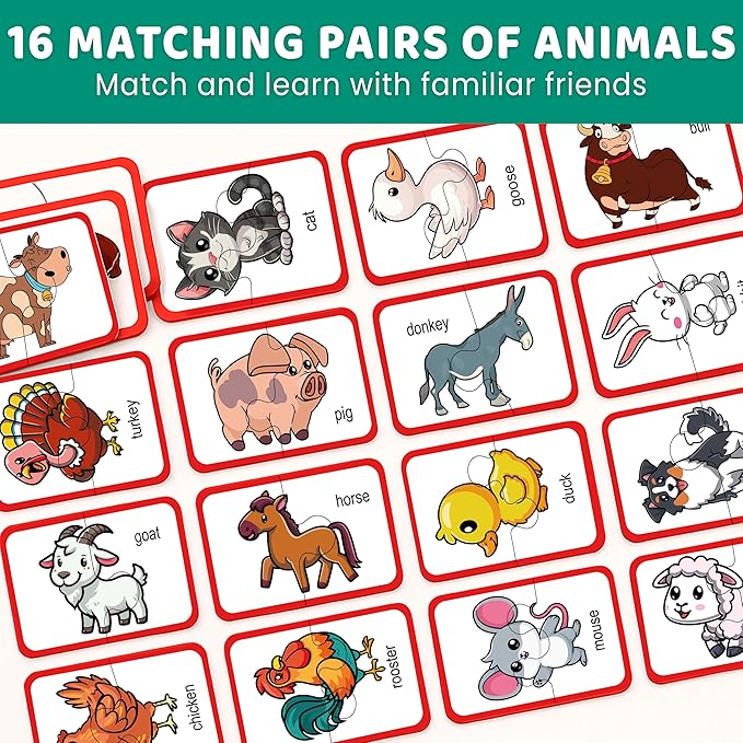 QUOKKA Toddler Puzzles Ages 2-4 – 100% Self-Correcting 16 Matching Pairs of Farm Animals – Educational Toddler Puzzles Ages 1-3 with 32 Pieces - Memory Matching Games for 3-5 Years Old Boys and Girls
