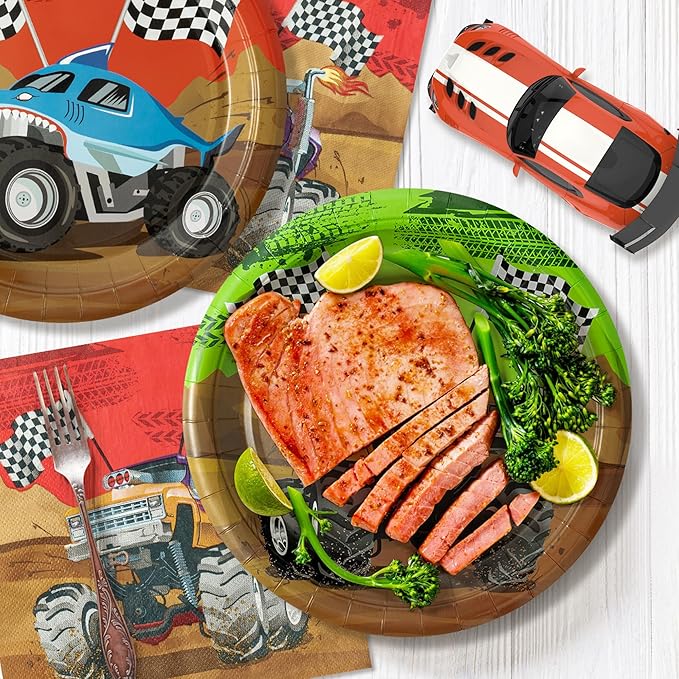 K1tpde Monster Truck Party Tableware - 30set Monster Truck Theme Tablewares Set Included Disposable Checkered Flag Paper Cup Napkins for Boys Happy Birthday Decorations Party Suppliess, 30 Guest