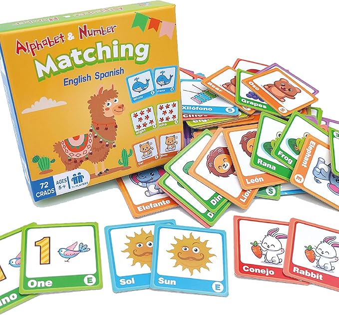 72 (36 Pairs) Spanish English Bilingual Alphabet Numbers Memory Matching Game Language Learning Games for ESL and Language Immersion for Teens.