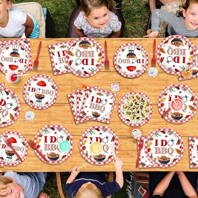 Wiooffen 96 Pcs BBQ Bachelorette Party Plates Napkins Tableware Set I Do BBQ Party Supplies Disposable Red and White I Do Dinnerware for Summer Wedding Engagement Bridal Shower Supplies, 24 Guests