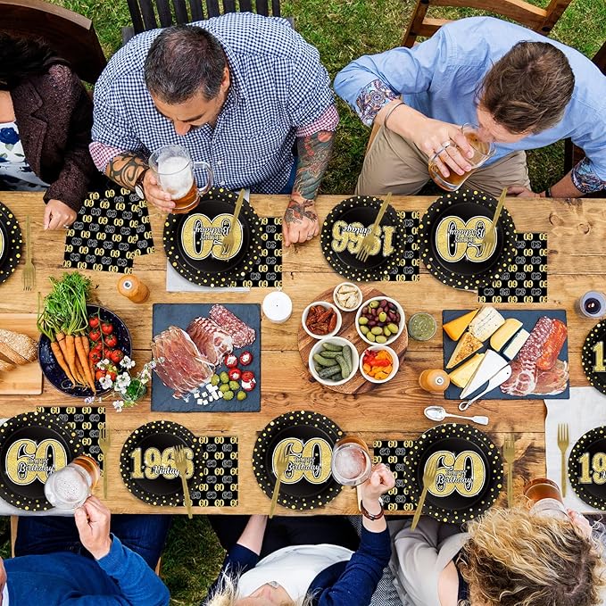 96PCS 60th Theme Birthday Party Tableware Vintage 1966 Party Supplies 60 Year Old Birthday Party Decorations Plates Napkins Forks Black and Gold Dinnerware Favors for Men or Women