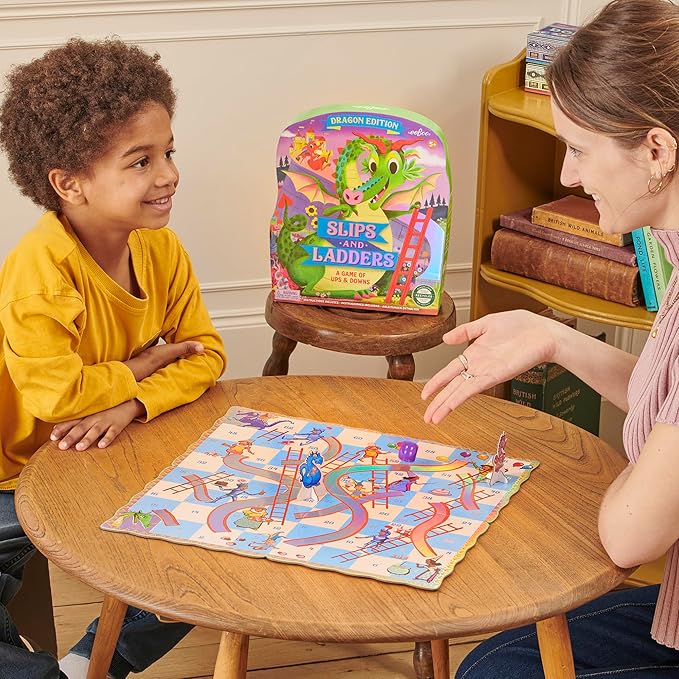eeBoo Slips & Ladders Dragon Edition - Award Winning Classic Race Game with Holographic Foil, Screen-Free Fun for 2-4 Players, Kids Ages 5 and up