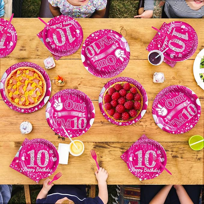 Grencian 96Pcs 10th Birthday Decorations for Girls Hot Pink 10th Birthday Party Plates Disposable Double Digits Paper Tableware for Girl 10 Year Old Happy Birth-day Party Supplies, Serves 24