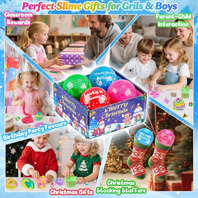 LAWOHO Christmas Stocking Stuffers for Kids, 4 Pack Christmas Slime Balls with Butter Slime & Xmas Add-ins, Slime kit for Girls & Boys Kids Stocking Stuffers, Xmas Gifts for 4 5 6 7 8 9 10+ Year Old