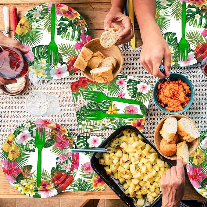 100 Pcs Tropical Luau Party Supplies Set, Serves 25 – Disposable Hibiscus Floral Paper Plates, Napkins, and Forks, Hawaiian Themed Tableware for Summer BBQ, Pool and Beach Aloha Birthday Decorations