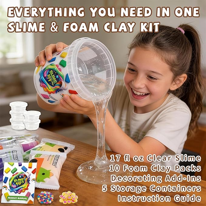 Clear Slime and Foam Clay Kit for Kids, 17 Fl Oz Premade Clear Slime with 10 Color Foam Clay, Charms, Sprinkles and 5 Storage Containers, DIY Butter Slime Craft Toy for Girls and Boys
