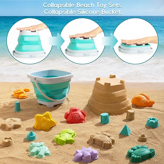 Sawaruita Beach Toys for Kids - Sand Toys Set Includes Collapsible Bucket Shovel and Mesh Bag 17 PCS, Toddlers Sandbox Toys Sandcastle Building Kit (Kids Beach Toy Set)