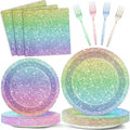 Rainbow Birthday Party Plates Napkins Forks Rainbow Glitter Tableware Set Happy Birthday Dinnerware Colorful Unicorn Glitter Supply for Kids Girls Women Princess Wedding Parties Decorations Serve 24