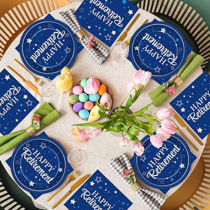 Qyeahkj 48Pcs Happy Retirement Paper Plates and Napkins Retirement Party Decoration Farewell Party Supplies Blue Silver Disposable Paper Dessert Tableware Set for Women Men Leaving Graduation Serve 25