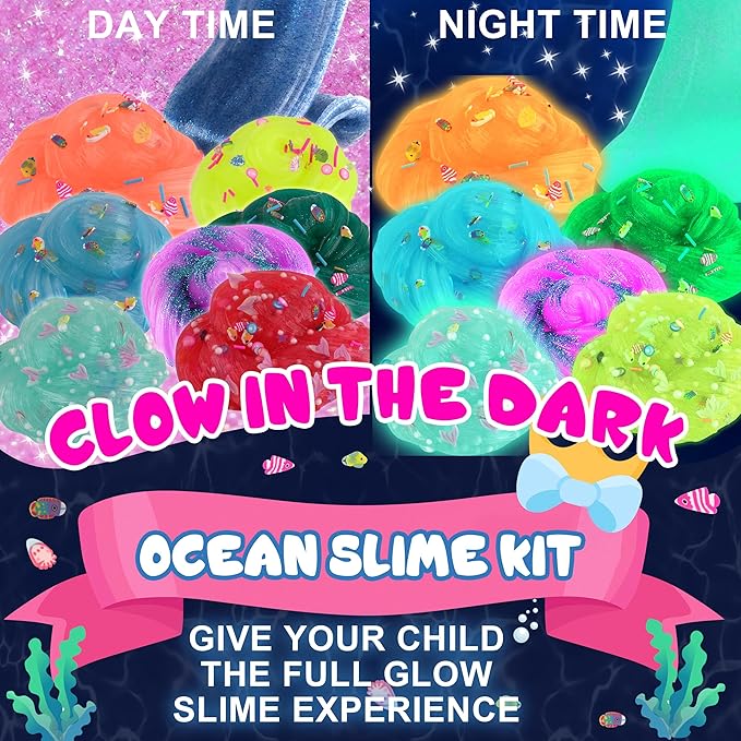 Ocean Glow in The Dark Slime Kit 9 Pack, with Deep Sea Slime Charms, Sensory DIY Rainbow Slime for Kids, Glow Party Favors for Girls & Boys, Halloween
