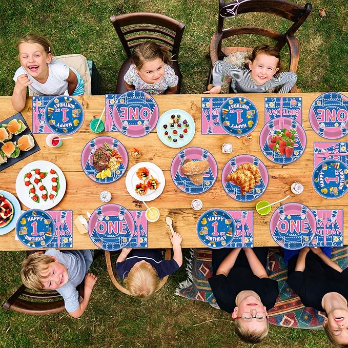 96Pcs 1st Birthday Party Plates and Napkins Girls Pink Cartoon Teaching Decor One Year Old Paper Disposable Dessert Cake Plates English Teacher Theme Tableware Set for Baby Shower Favors 24 Guests