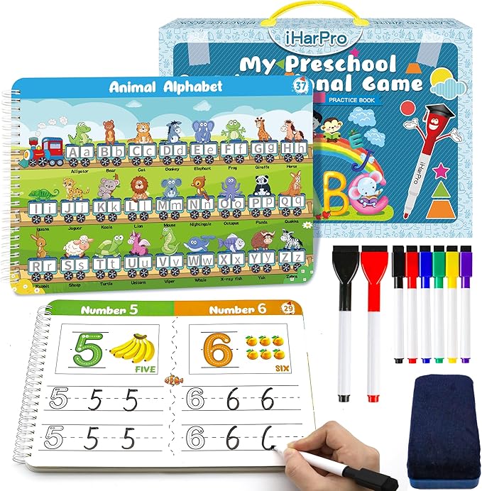 Handwriting Practice Tracing Books for Kids Ages 3-5, Montessori Preschool Learning Activity, Autism Educational Learn Number Letters Shapes Animal & Sight Words Workbook with 8 Dry Erase Markers