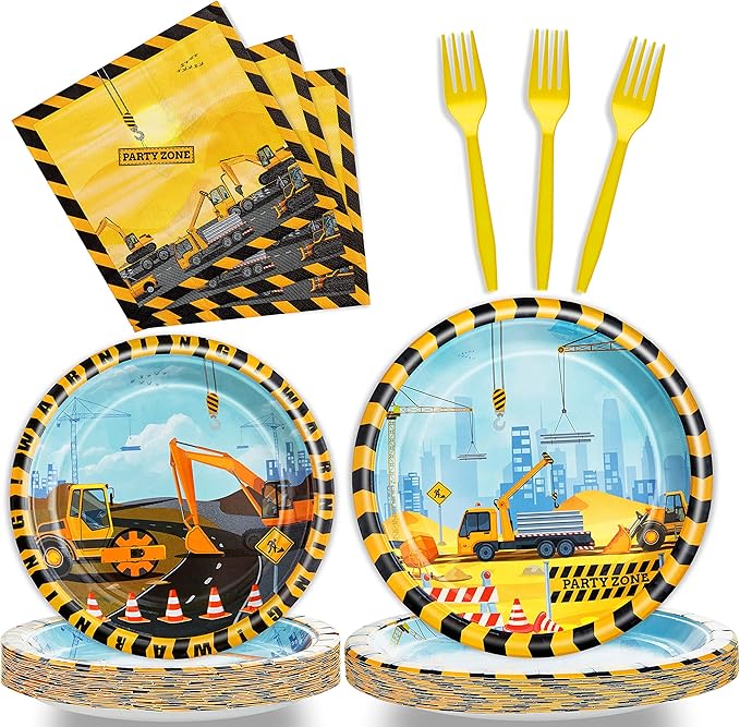 96 Pcs Construction Birthday Party Plates Napkins Forks Supplies Tableware Set Disposable Table Dump Truck Theme Decoration for Boys/Kids Birthday Party, Serves 24 Guests
