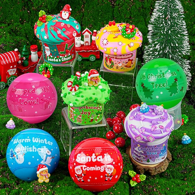 LAWOHO Christmas Stocking Stuffers for Kids, 4 Pack Christmas Slime Balls with Butter Slime & Xmas Add-ins, Slime kit for Girls & Boys Kids Stocking Stuffers, Xmas Gifts for 4 5 6 7 8 9 10+ Year Old