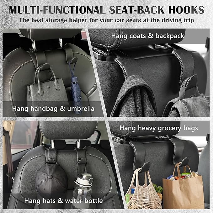 Amooca Car Seat Headrest Hook Universal Vehicle Storage Hanger Leather with Metal Car Seat Back Organizer for Handbag Purse Coat Black 4 Pack